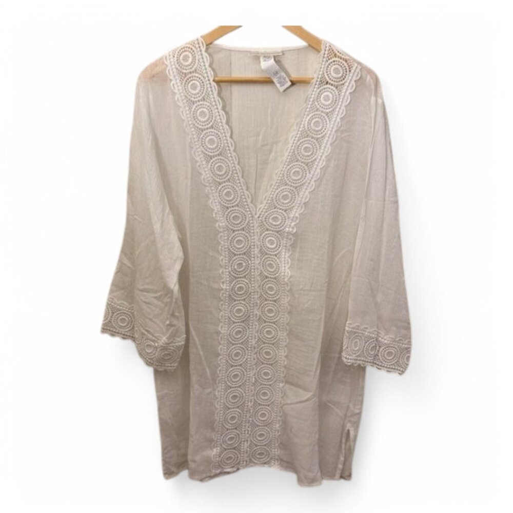 La Blanca White Cotton Cover-Up Tunic Boho Embroidered Beachwear Short Sleeve XL